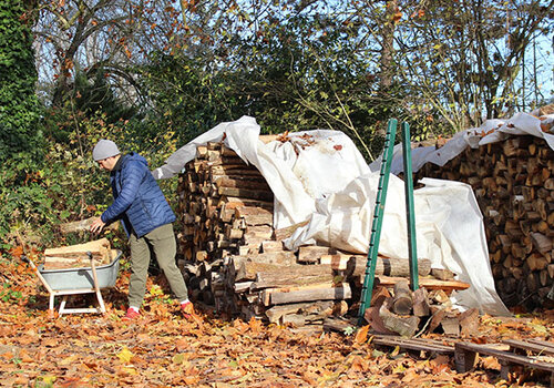 Habitant remplissant une brouette de bois