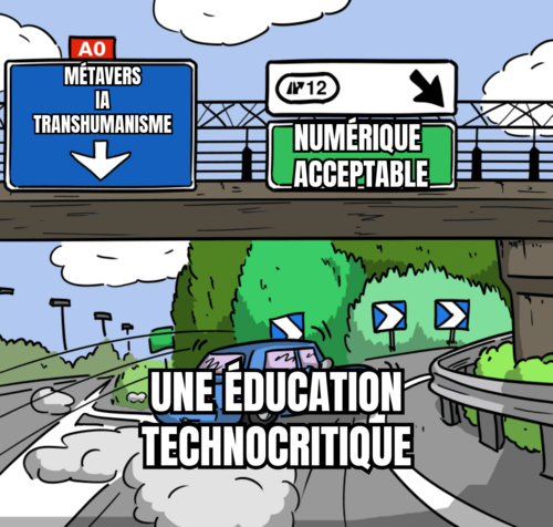 Le mème de la sortie d'autoroute. En haut à gauche : "métavers, IA, transhumanisme". En haut à droite : Numérique acceptable. En bas : Une éducation technocritique