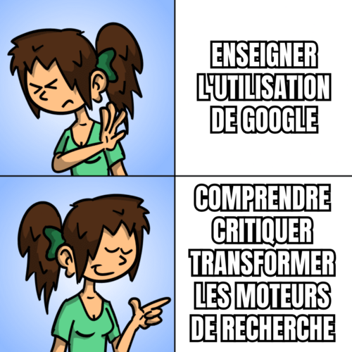 Mème basé sur Drake don't like / like. En haut : Enseigner l'utilisation de Google. En bas : Comprendre critiquer transformer les moteurs de recherche